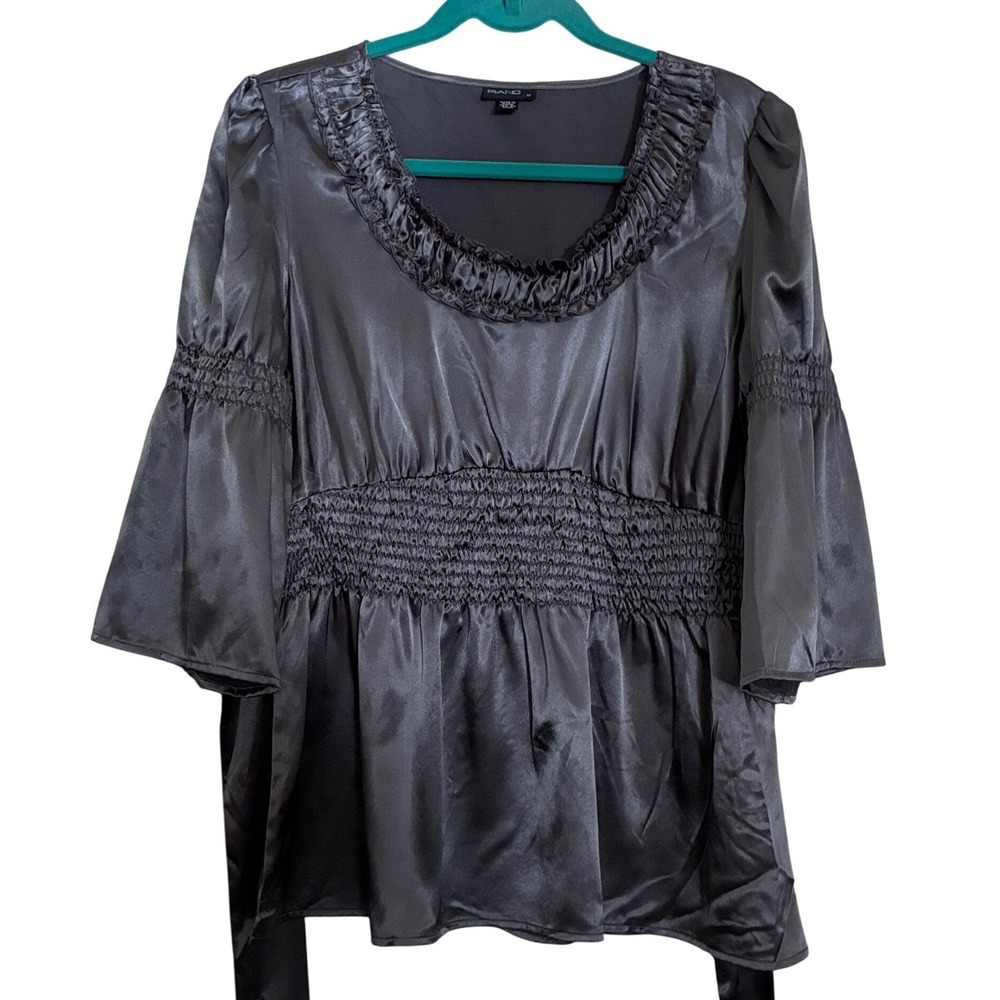 Piano‎ Gray Satin Blouse M Dark Fairy Smocking 3/4 bell sleeves Whmsy Coquette